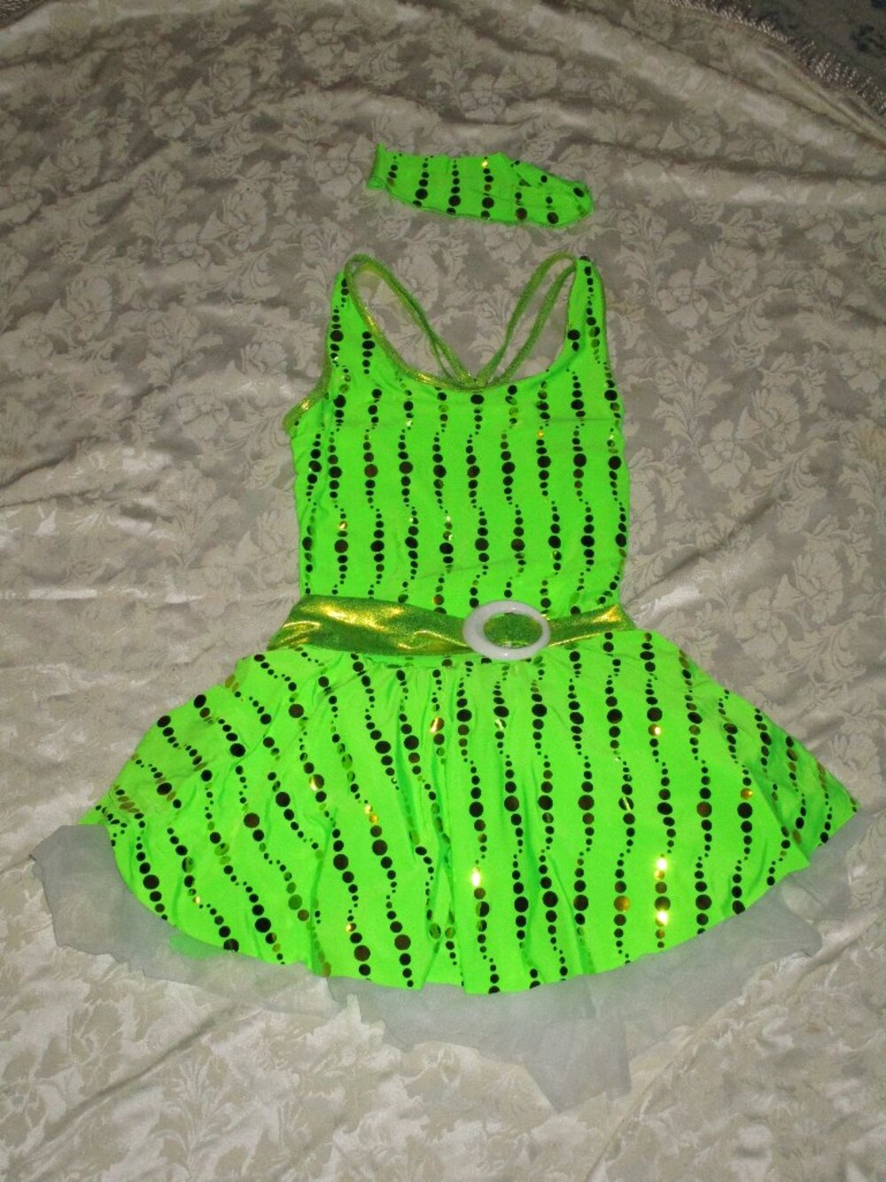 Neon Green Gold Sequin Asymmetrical Dance Leotard SA